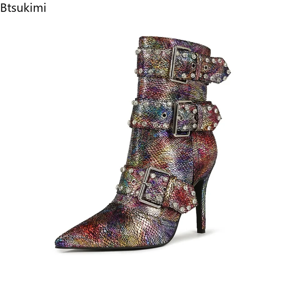 

New 2025 Women's Rhinestone Snake Grains Patterned Fashion Boots Pointed Toe Short Boot Shoes Side Zip Shoes Purple Ankle Boots