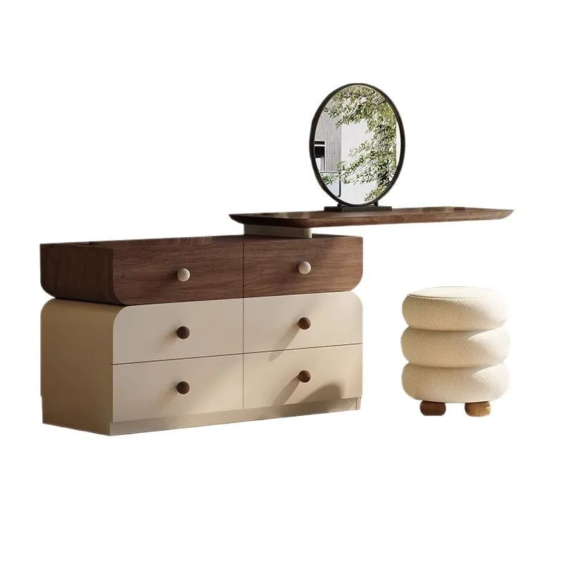 

Modern telescopic light luxury medieval dresser walnut small apartment solid wood makeup table, locker, mirror stool combination