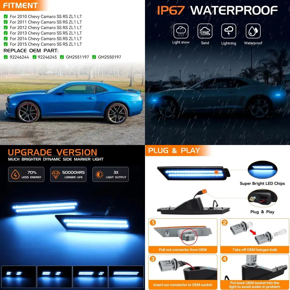 

Smoked Lens Sequential Side Markers for 2010-2015 Chevy Camaro, Front & Rear Bumper Lights, 4 Pieces