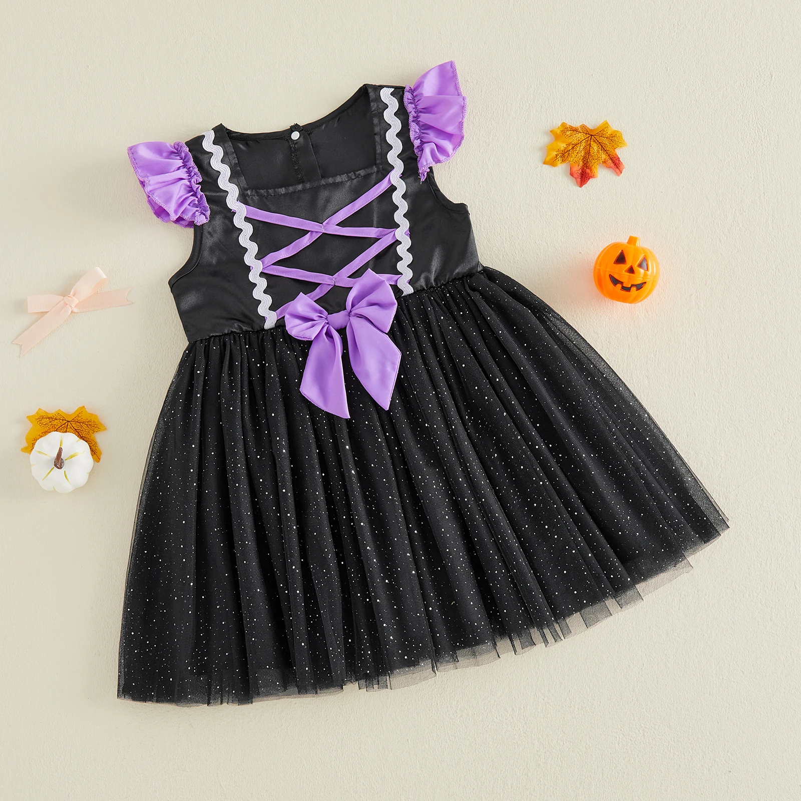 Toddler Girl Halloween Witch Dress Flying Sleeve Square Neck Contrast Color Bow Layered Tulle Mesh Dress Halloween Costume
