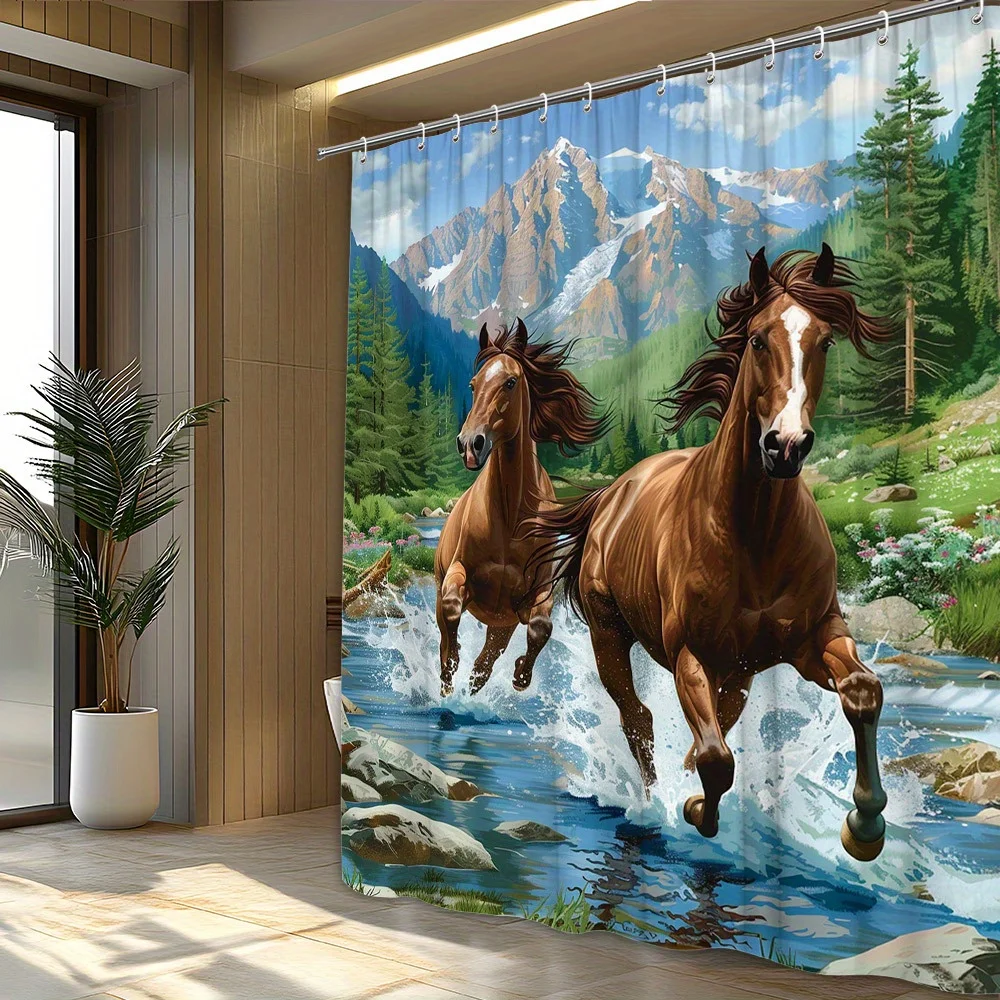 Majestic Wild Horses Running Through River Nature Shower Curtain Waterproof Bath Mural Forest Mountain Decor 180x180cm