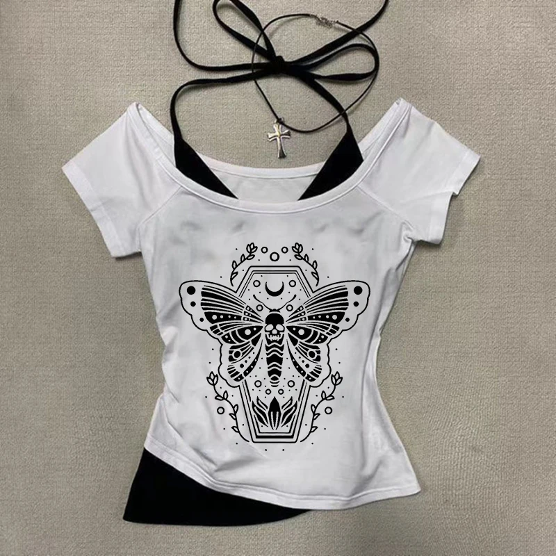 

Y2K 2000s Harajuku Aesthetics Crop Top Fashion Versatile Casual Slim Women's T-shirt Gothic Creative Insect Pattern Printing Tee