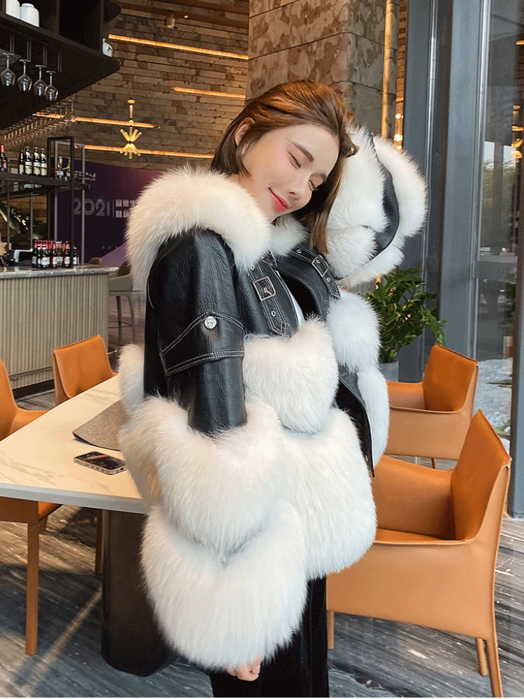 MENINA BONITA 2022 New Winter Women Jacket Real Fur Coat Natural Fox Fur Navy Collar Genuine Leather Thick Outerwear Locomotive