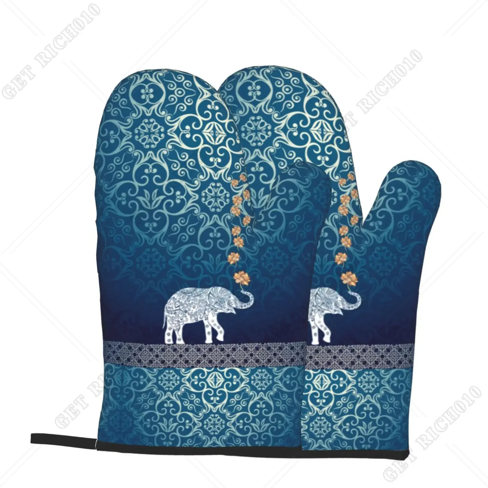 الأزرق الفيل تصميم المرأة بوهو قفازات الفرن 2 قطعة قفازات الميكروويف قفازات الفرن مقاومة للحرارة قفازات الفرن للمطبخ شواء