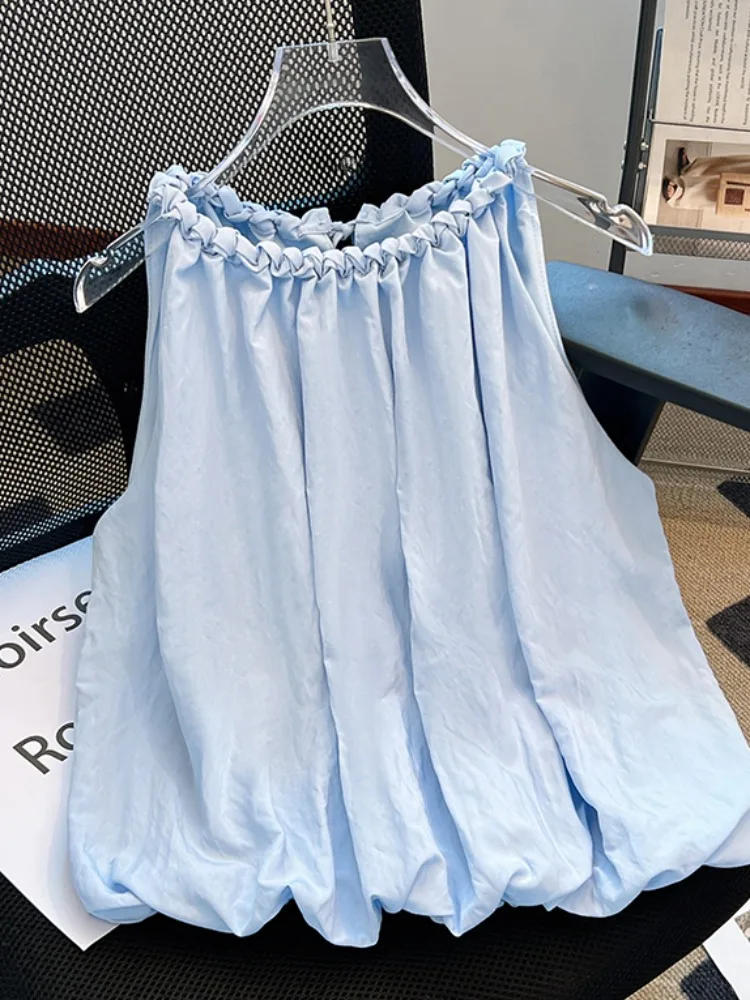 Azul fora do ombro vela colete irt feminino verão solto ort bloomer topo coreano sle commute faion redondo ne vestido