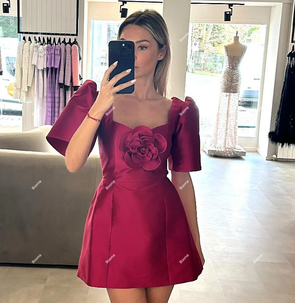 Booma A-Line Prom Dresses Square Collar 3D Flowers Short Sleeves Cocktail Dress for Women Graduation Party Gowns Outfits