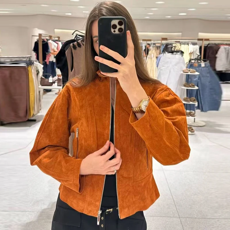 HXAO Damen-Jacke aus Kunstwildleder, kurze Jacke, Herbst 2026, modisch, orange, langärmelig, Stehkragen, Reißverschluss, schmale Passform, schicke Oberbekleidung, Top – Detail 8