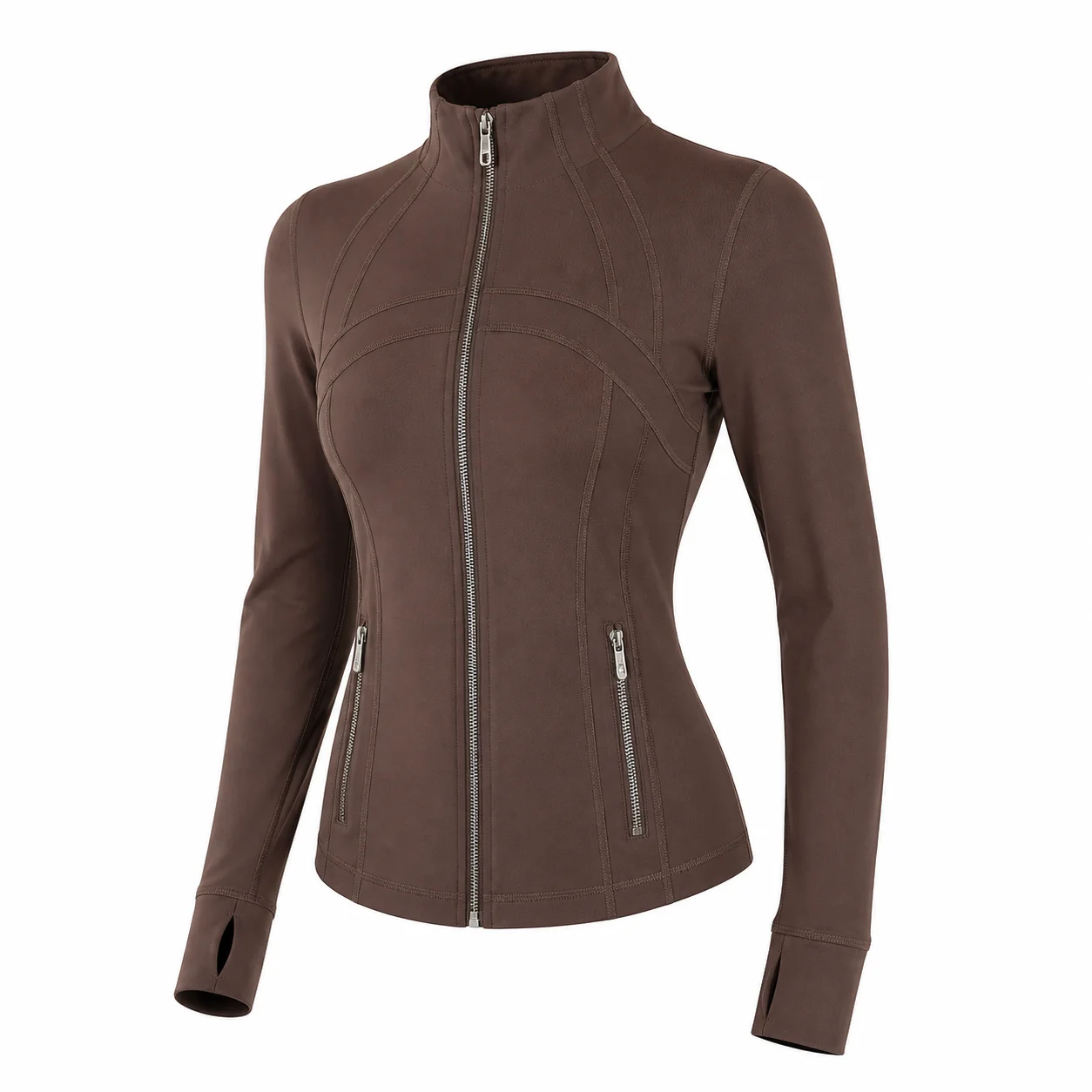 Women's Brown Slim Fit Full Zip Sports Jacket Stand Collar Long Sleeve Thumbhole Workout Running Yoga Outerwear