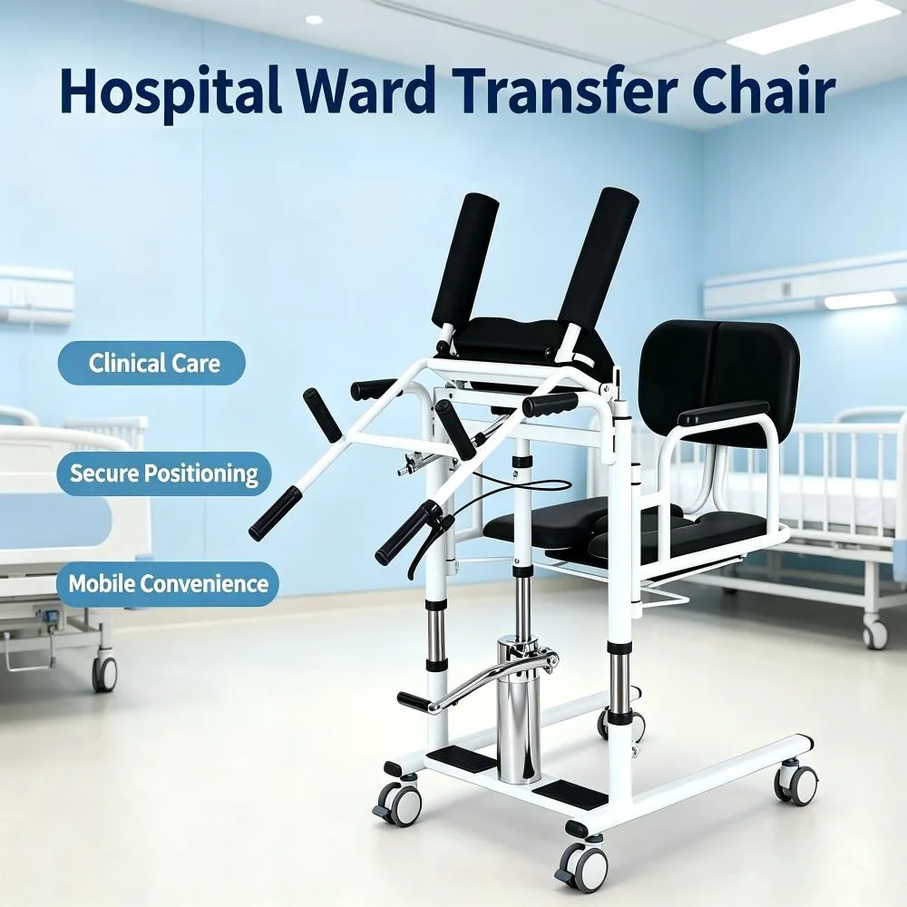 Chaise de transfert médicale portable en promotion avec siège de toilette à levage hydraulique et roulettes mobiles