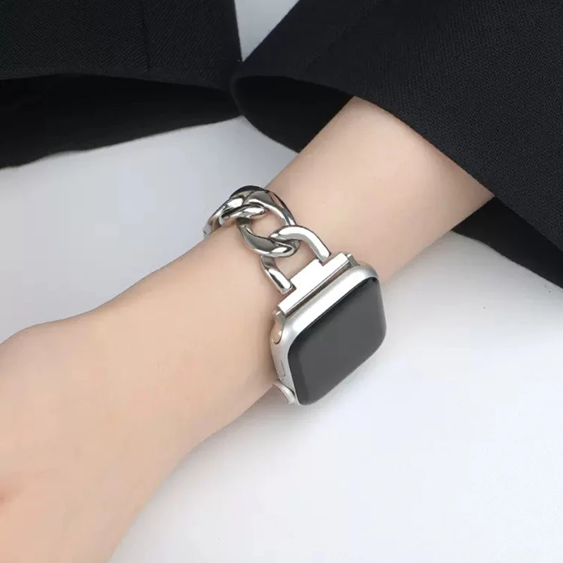 Роскошный металлический ремешок для Apple Watch Series 9 Ultra 8 7 SE 6 5 4 3, браслет с одной цепочкой для iWatch Band 38/40/41/42/44/45/49 мм