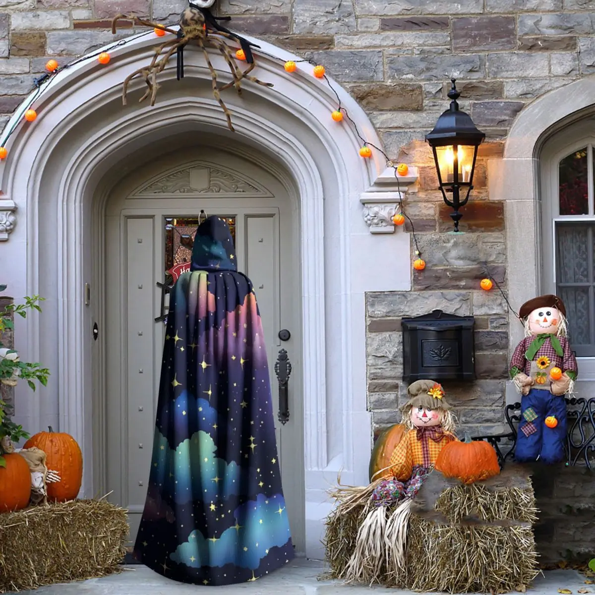 السماء الليلية الملونة مليئة بالنجوم اللامعة عباءة طويلة مقنعين الساحرة القرون الوسطى زي تأثيري كيب هالوين معطف الكبار للجنسين