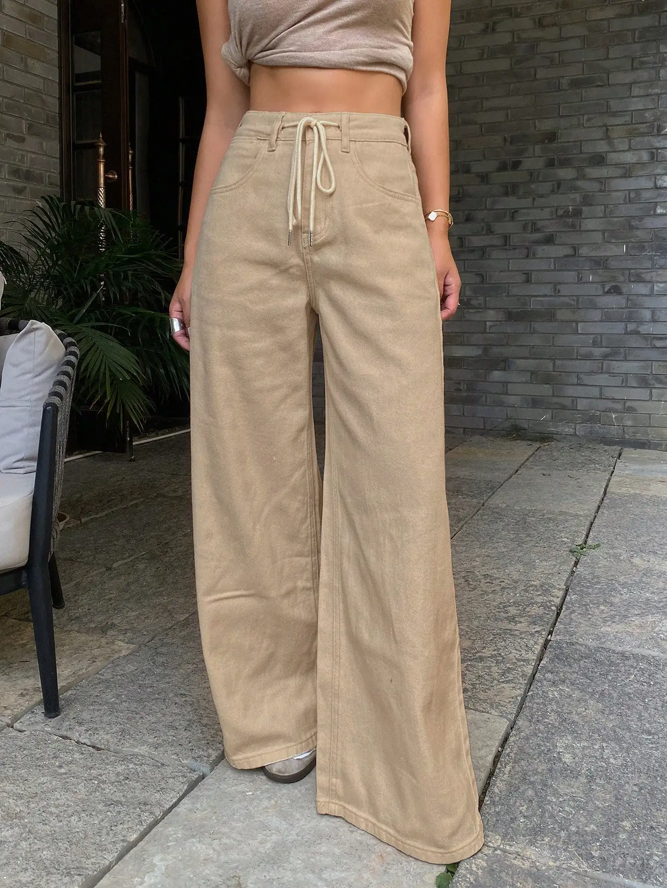 

Женские повседневные брюки с высокой талией, шнуровкой и широкими штанинами