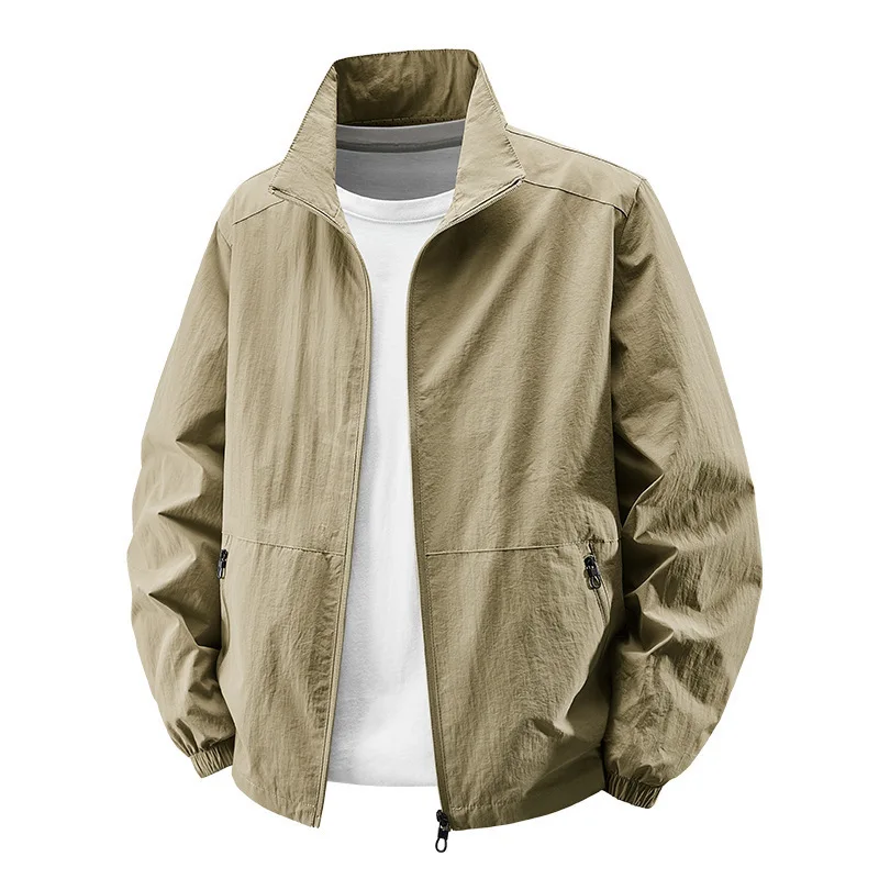 Men Stand Collar Zip Up Jacket Crinkle Fabric Zipper Pockets Elastic Cuffs Casual Outerwear Coat