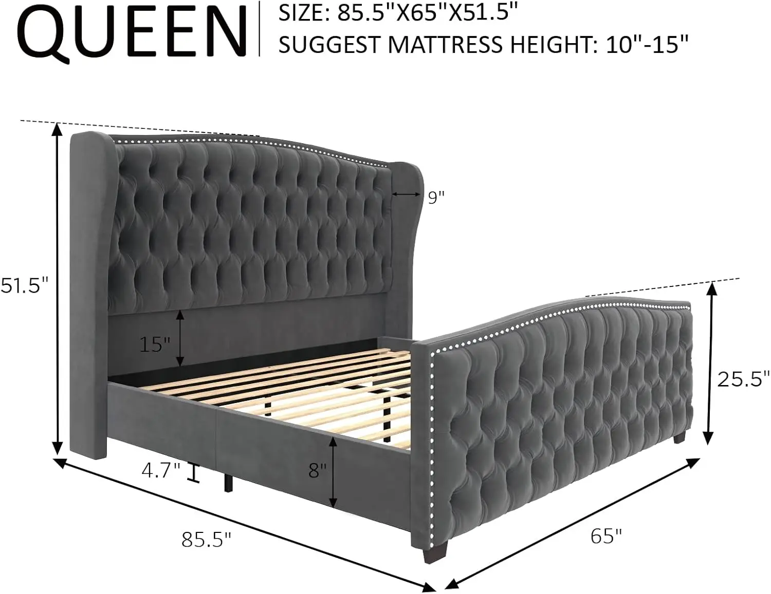 Каркас кровати размера «queen-size» на платформе, кровать с бархатной обивкой, с глубокой пуговицей и отделкой гвоздями, изголовье с крыльчатой спинкой/без коробчатой пружины N