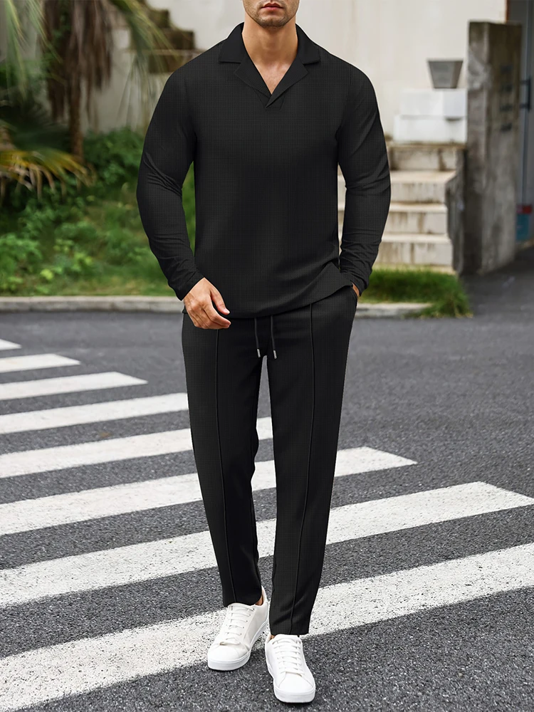 Autumn Casual Breathable Waffle Outfits Mens Solid Color Two Piece Sets Vintage Lapel Long Sleeve Polo Shirt And Pants Suits Men