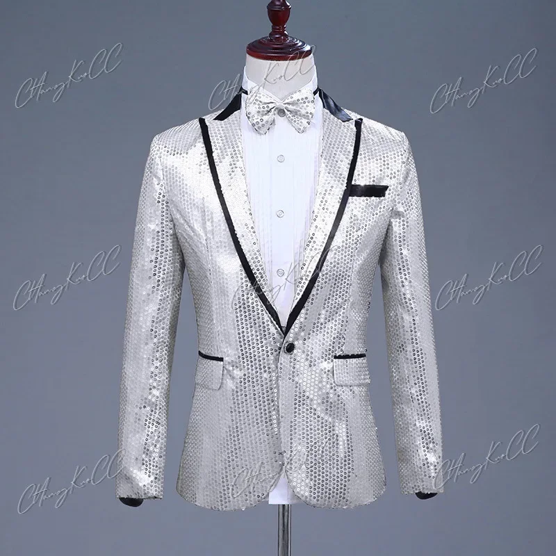 Pink Sequin One Button Dress Blazers 2024 Brand New Nightclub Prom Men Suit Jacket Wedding Stage Singer Costume (Bowtie Include)