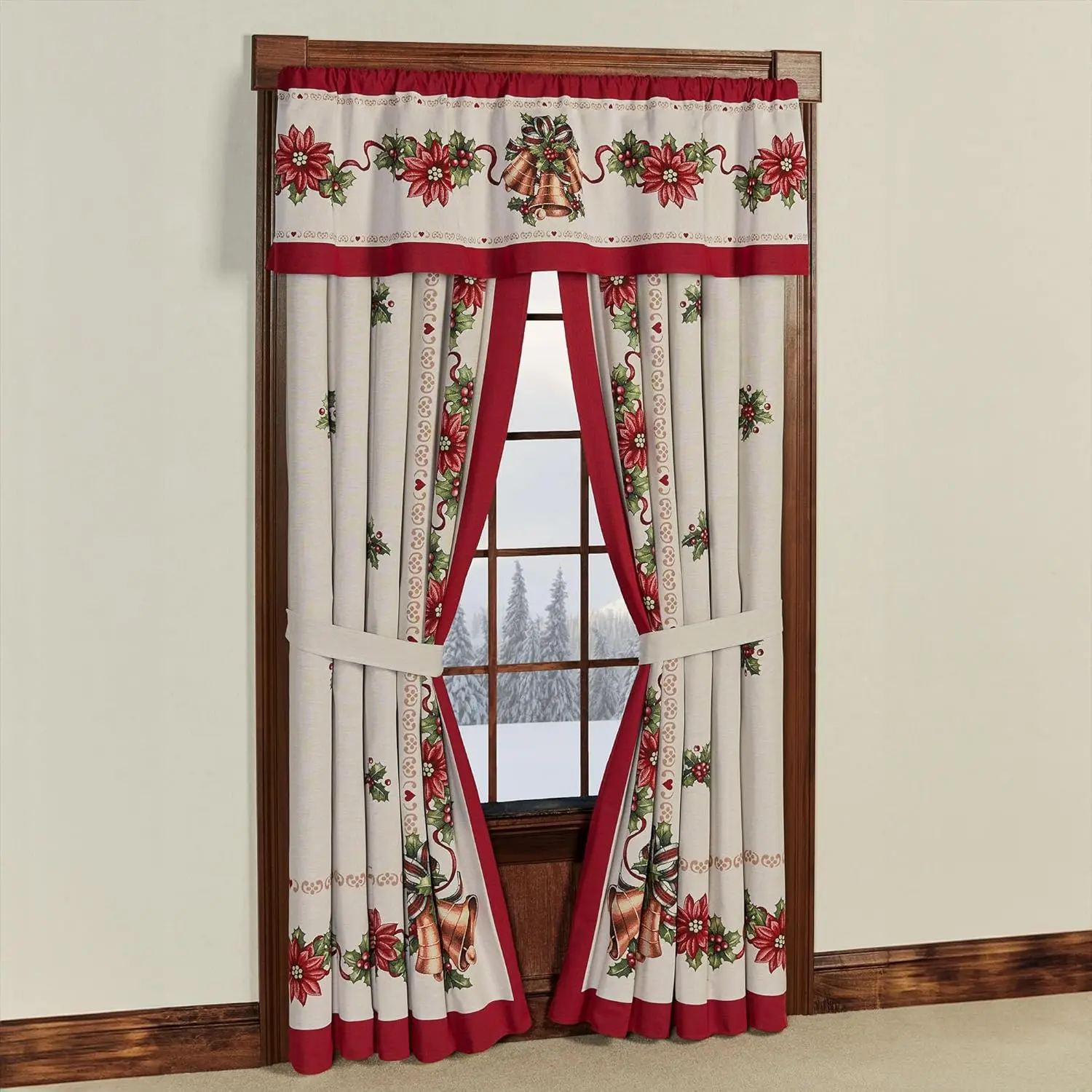 

Holiday Bells Luxury Window Treatment | Lightweight Woven Jacquard Tapestry Style Christmas Curtains Valance | Gold Bell
