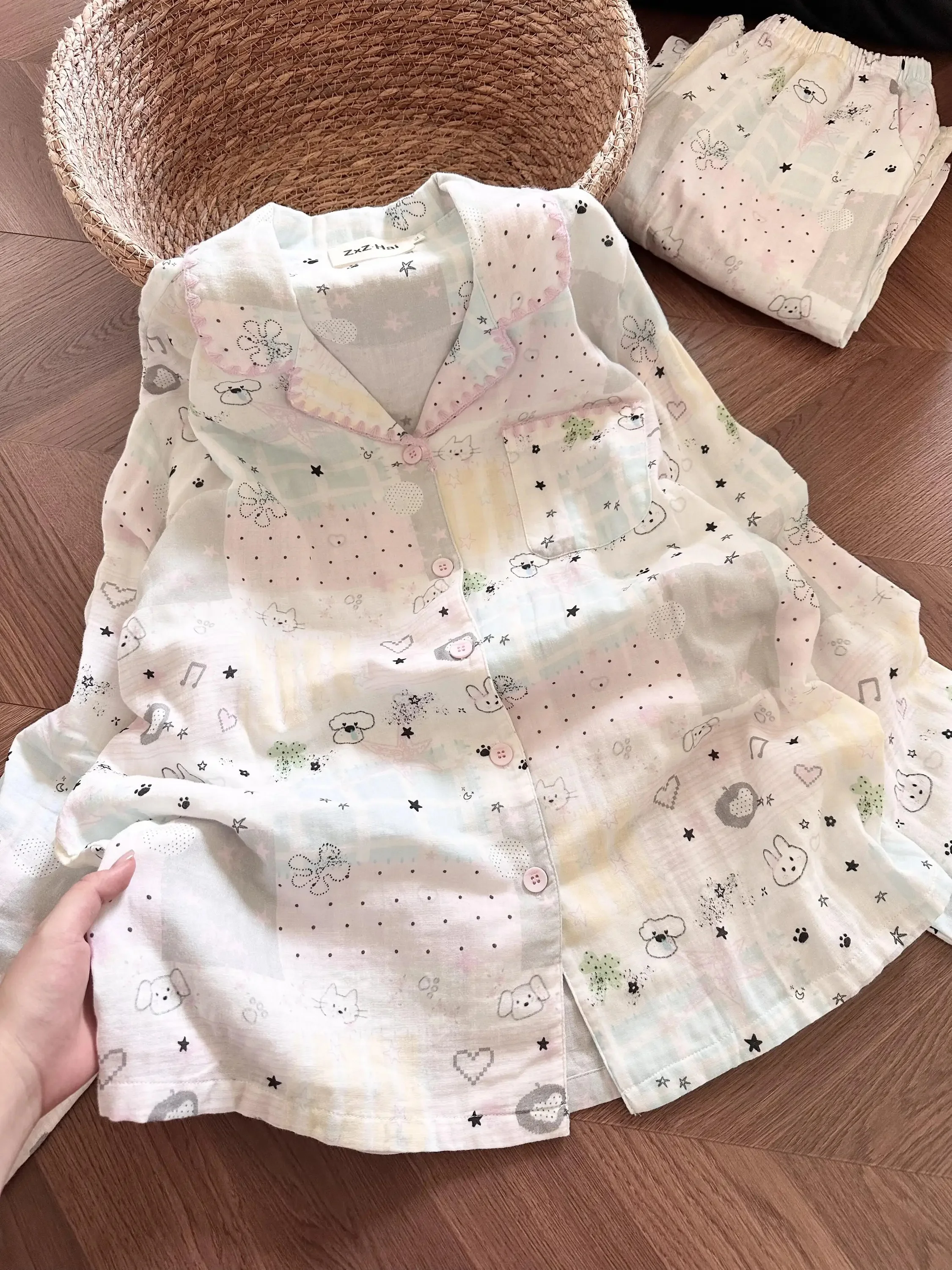 chawang-2026-autumn-new-pure-cotton-long-sleeve-home-clothes-women-can-wear-outside-y2k-hand-drawn-star-nightgown
