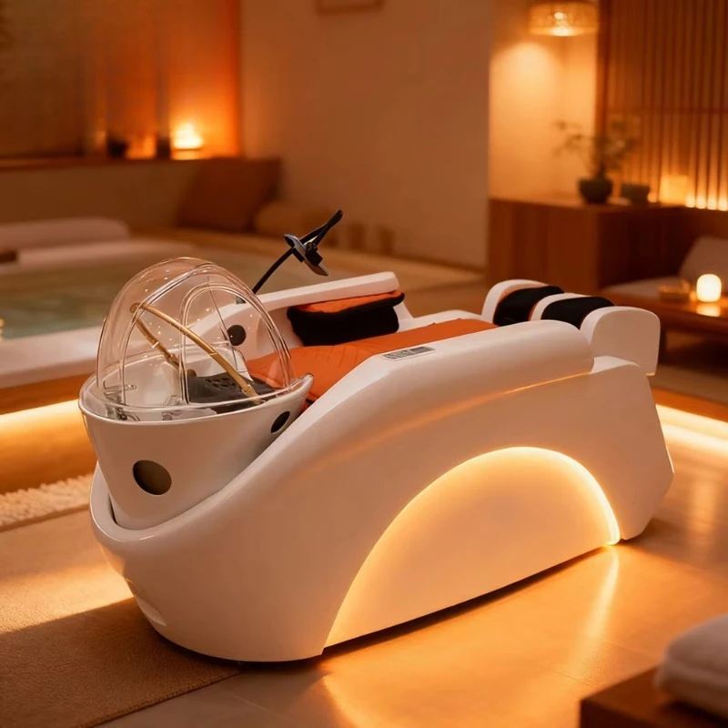 

Современное дизайнерское электрическое кресло-мойка для парикмахерских с LED-подсветкой, функцией массажа и циркуляции воды для мытья головы