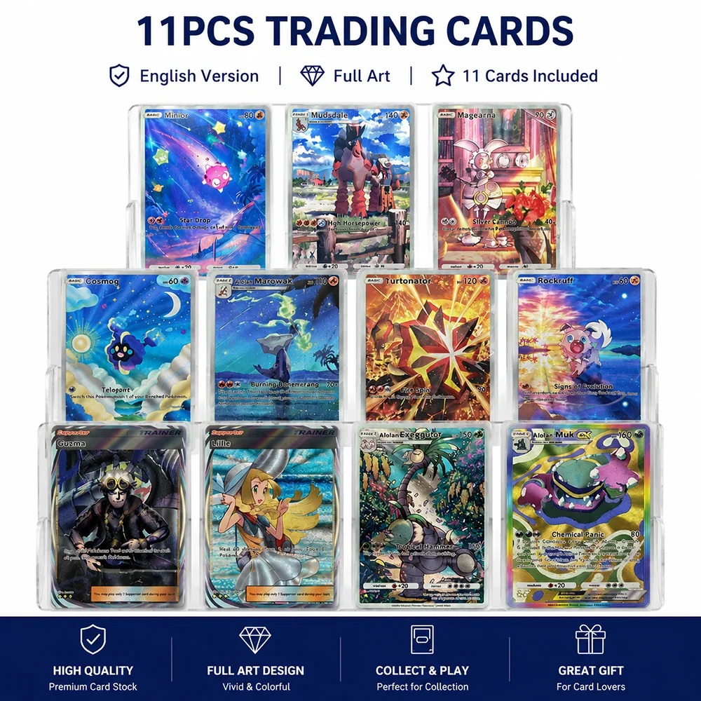 

11PCS Anime PTCG Full Art Trading Card Collection Set Minior Mudsdale Magearna Cosmog Rockruff GX EX Style Foil Cards Gift