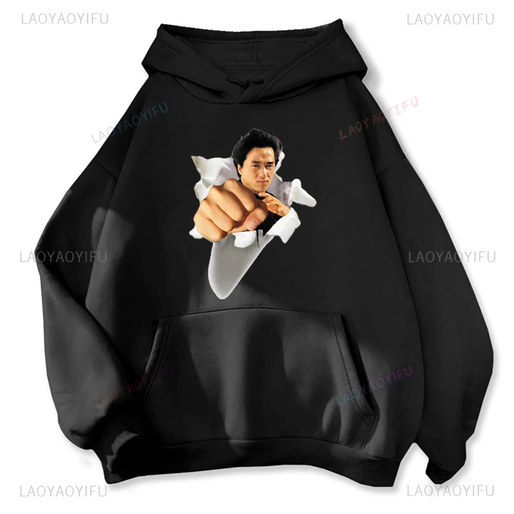 China Kung Fu Jackie Chan Graphic Hoodie Men Movie Chinese Dragon Fight Long Sleeve Autumn and Winter Drop Shoulder Sweatshirt