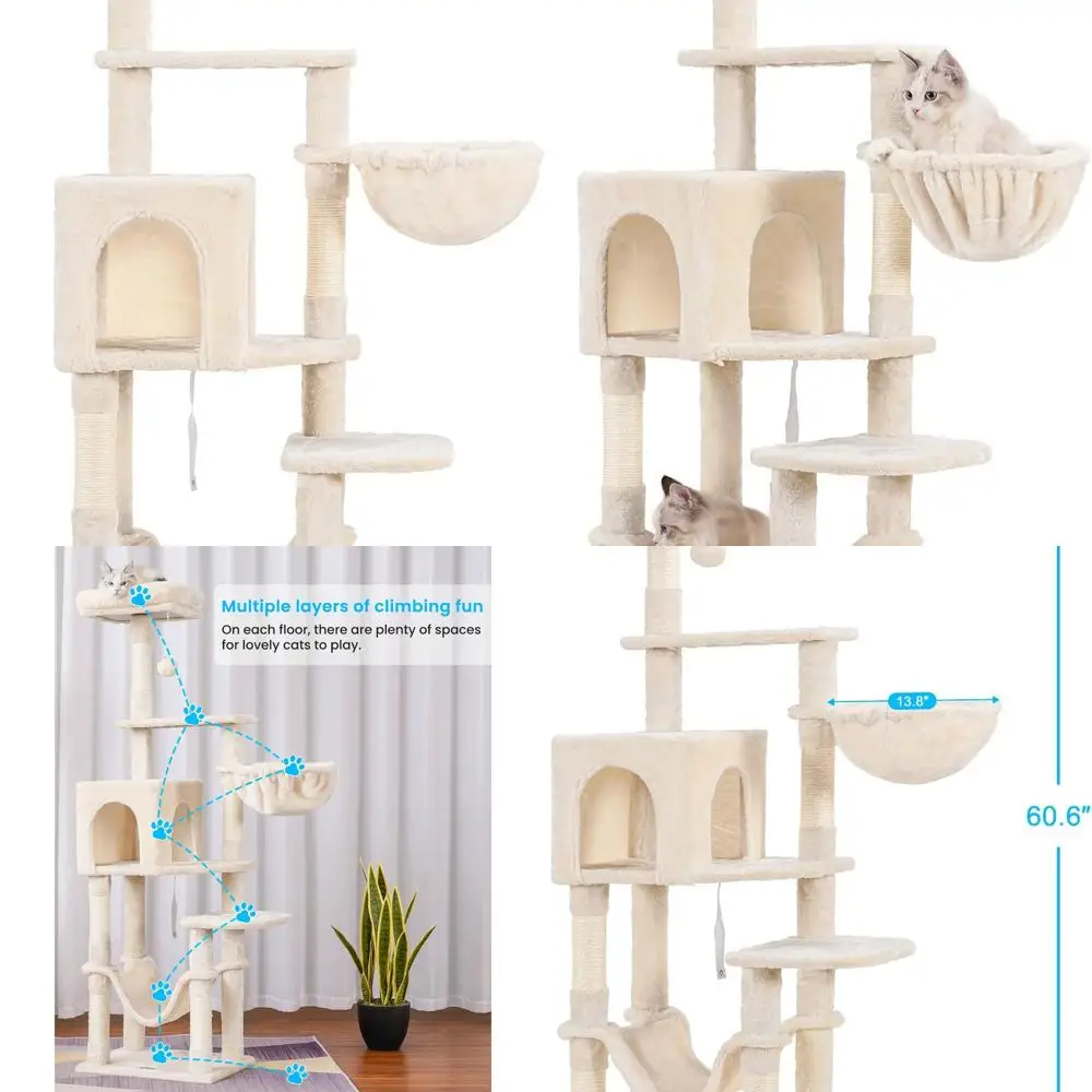 

Indoor Multi-Level Cat Tower with Large Hammock, Sisal Scratching Posts, and Top Perch, Beige