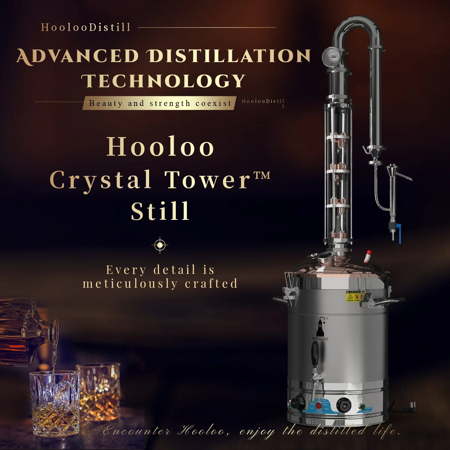 HOOLOO CT65Cu Home Distiller Crystal Column Copper Lid Alcohol Still Moonshine Apparatus Rum Whiskey Brandy Brewing