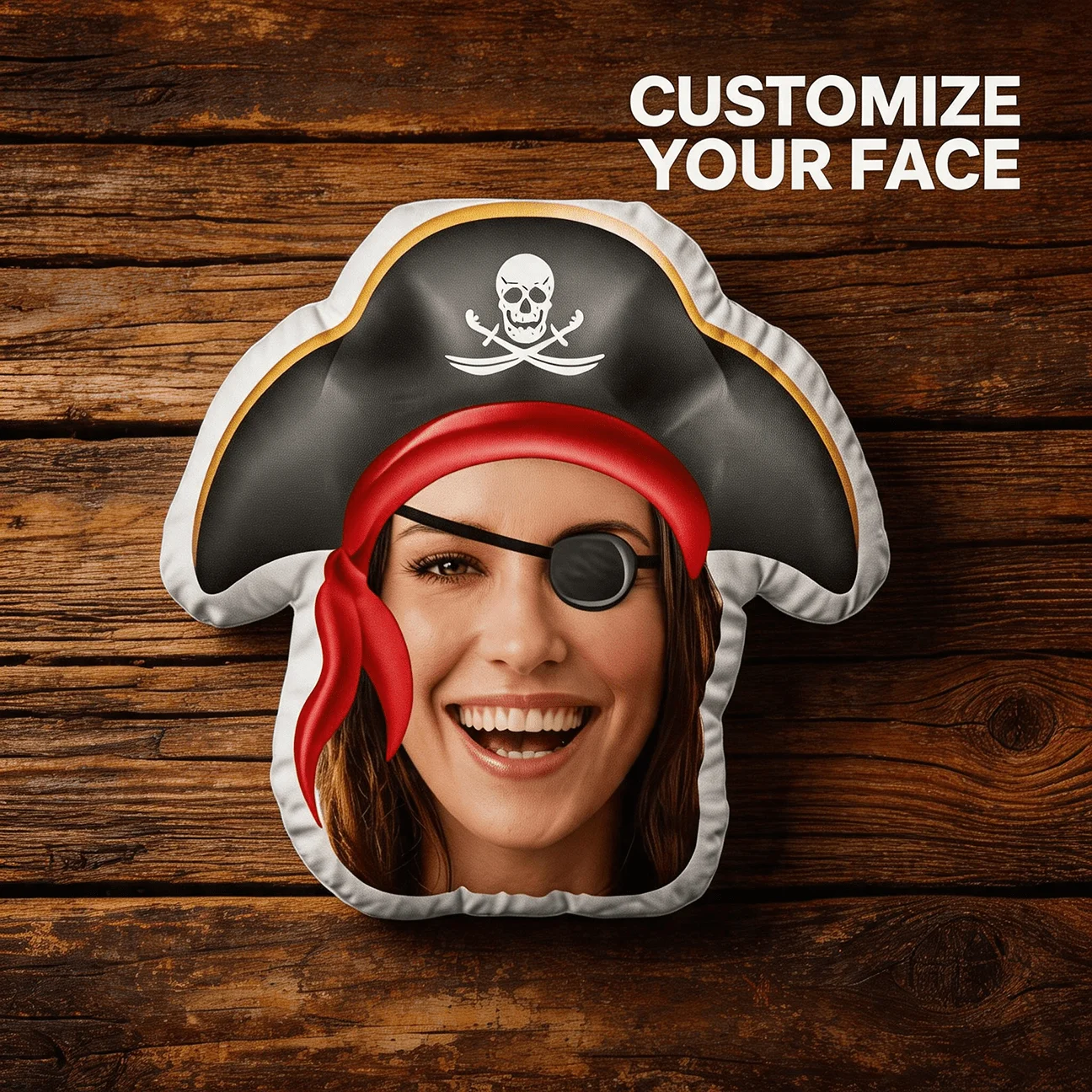 Custom Pirate Hat Face Shaped Pillow, Personalized Photo Smiling Woman with Eye Patch Decorative Cushion, Funny Novelty Accent P