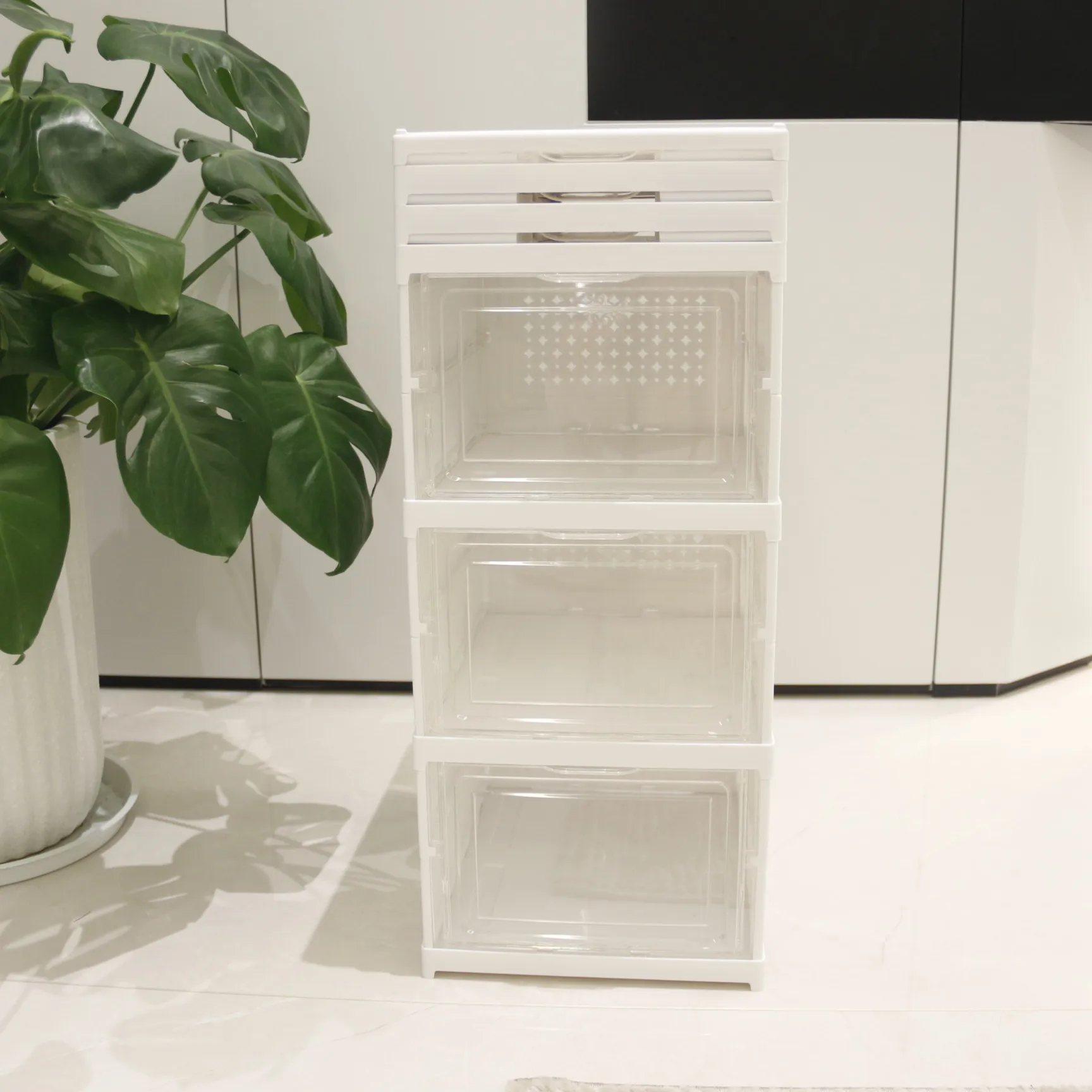 Shoe Organizer Storage Boxes, Portable Stackable Folding Shoe Rack for Closet with Magnetic Clear