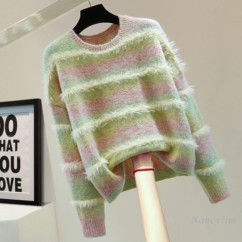 

Winter Korean Version Round Neck Loose Long-sleeved Colorful Sweater Women's Mohair Splicing Striped Pullover Knitted Sweater