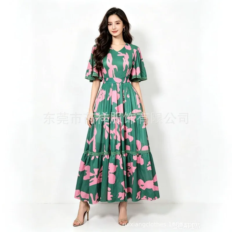

Miyake Pleated Printed Long Dresses Plisse 2026 Summer New Pleats Dress Fashion Single-Breasted Puff Sleeve Tie Waist Fold Dress
