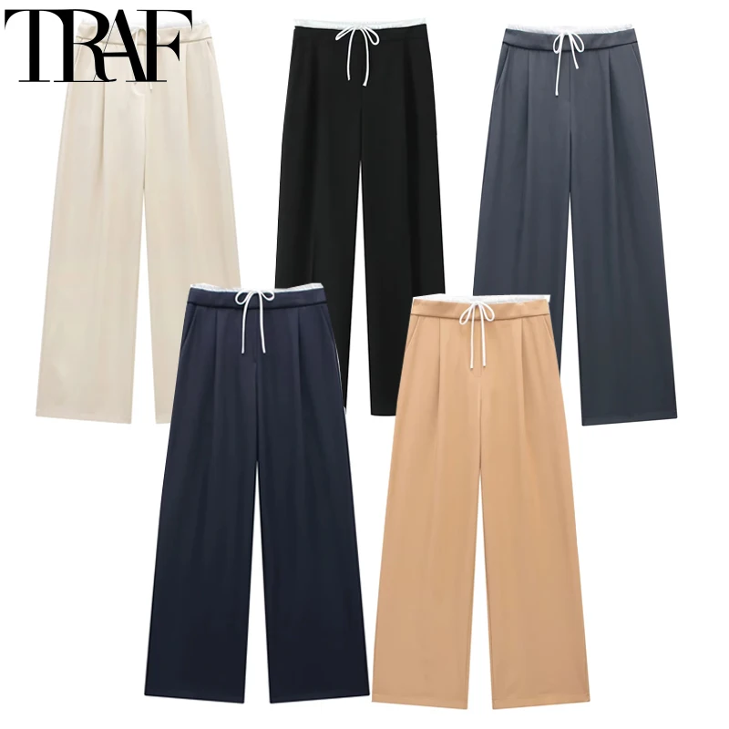 TRAF Women\'s Pants Baggy Wide Pants Woman Office Wear Pleats Black Pants For Women Autumn Casual High Waist Formal Trousers