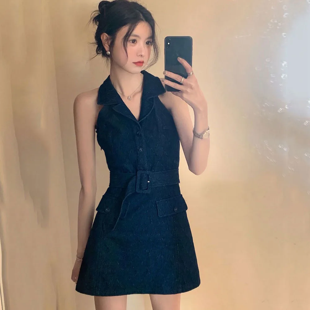 2023 Summer Sexy Sleeveless Denim Dress Womens New Halter Neck Slim Jeans Dress Fashion Pack Hip Mini Short Dress Streetwear Y2K