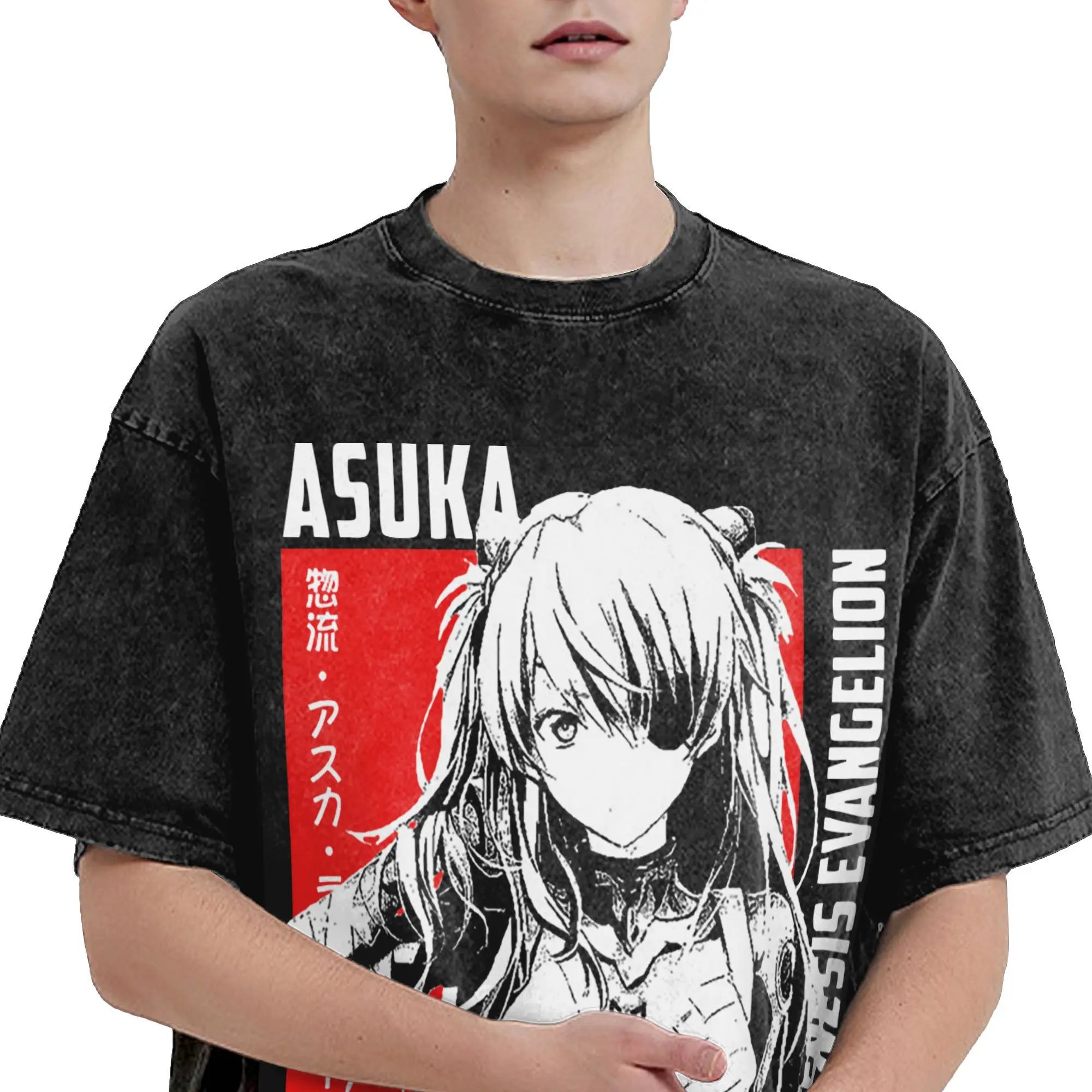 Asuka Langley Vintage Washed T Shirt Men's 100%Cotton Tops Vintage Rei Eva  Anime Japan Manga Crewneck Short Sleeve