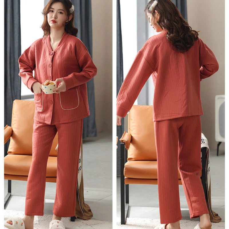 2023 New Autumn Winter Pajamas Women's Pure Cotton Interlayer Loungewear Thickened Mom Nightwear Long Sleeve Sleepwear Set 4XL