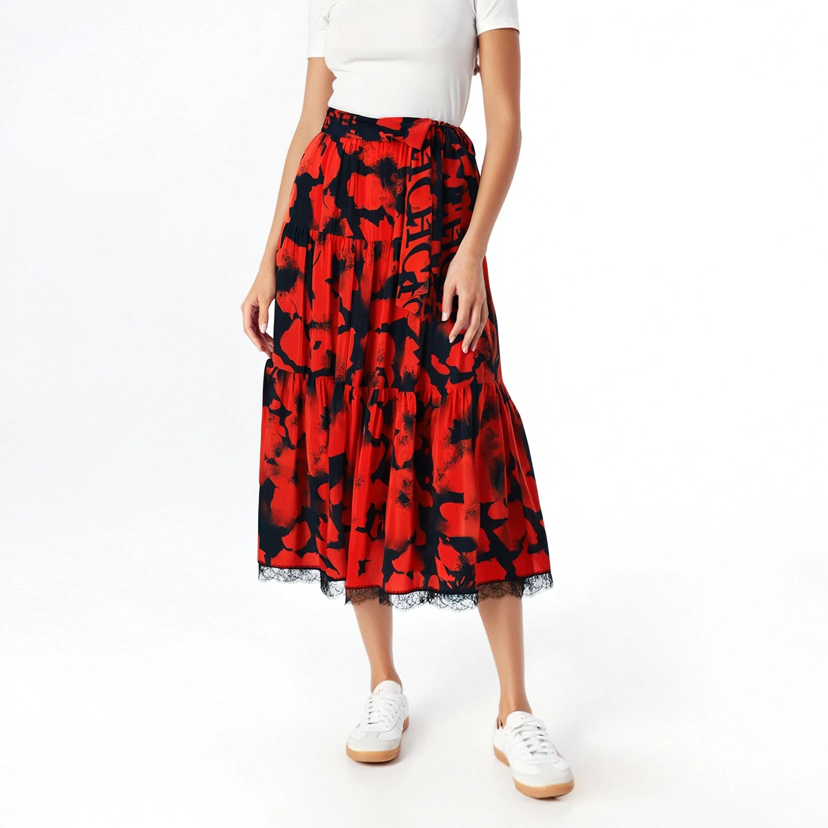 CHCH Women's Half length Skirt Summer Retro Red Printed Irregular Long Skirt Fashion Commuter Cake Skirt