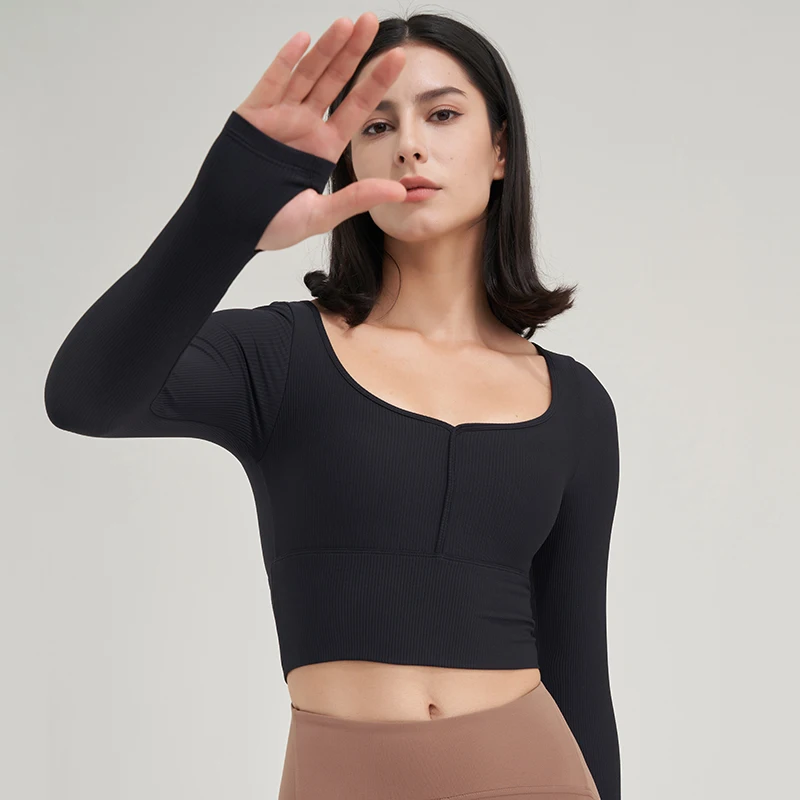 SOISOU Nylon Gym Yoga Shirts Women Tops Long Sleeve Threaded Sportswear Sport Crop Top Chest Pad Thumb Hole Elastic Breathable