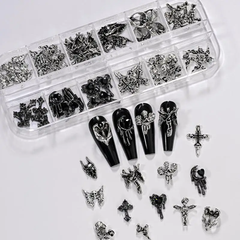 【B】12Grids Vintage Cross Nail Art Charms Y2k Metal Style Alloy Cross Skeleton Angel Nail Decorations Accessories