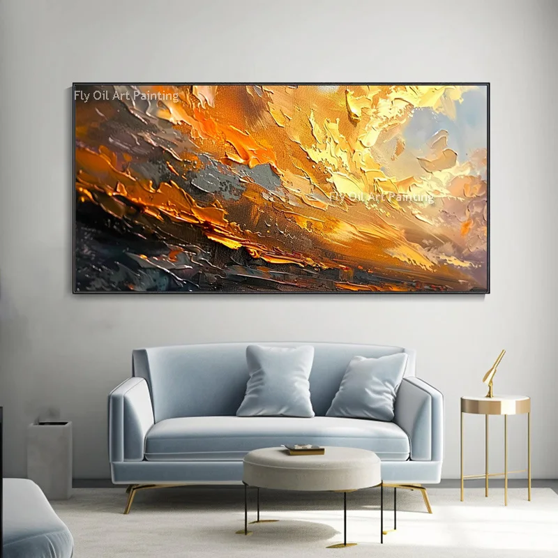 Large Handmade Abstract Landscape Oil Painting Palette Knife Sunset Canvas Wall Art Modern Horizontal Pictures for Living Room