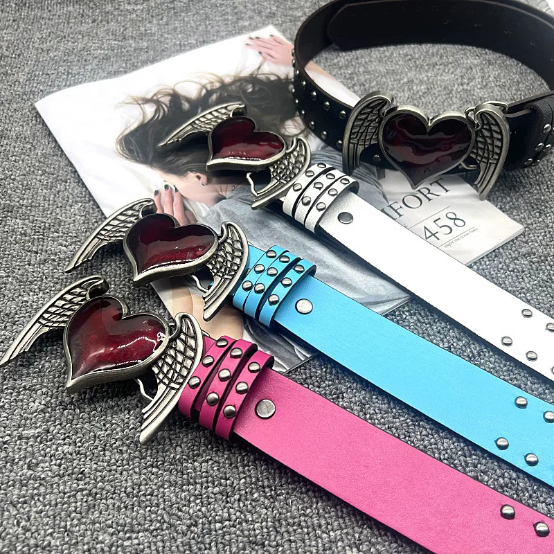 

Y2K Red Heart Wing Belt for Women Studded Rivet Punk Gothic Pu Leather Waist Belt Vintage Harajuku Streetwear for Jeans Dress