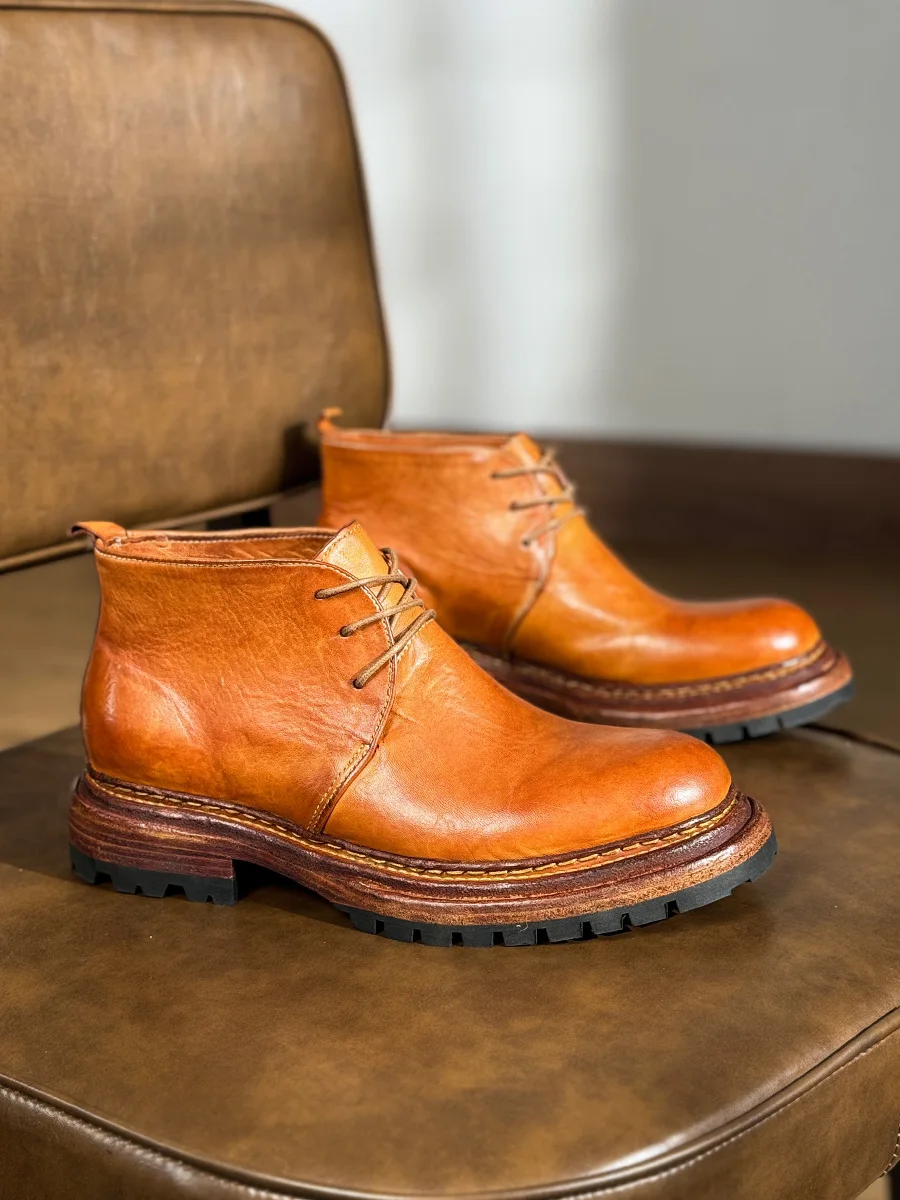 

Genuine Leather Men Ankle Boots Handmade Retro High Top Work Shoes Thick Sole Retro Outdoor Hiking Motorcycle Boots