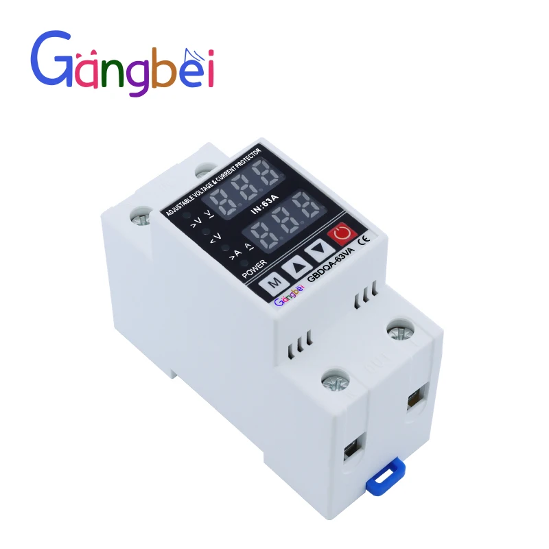 Din Rail Dual Display Adjustable Over Voltage Current and Under Voltage Protective Device Protector Relay 63A 220V 230V Gangbei