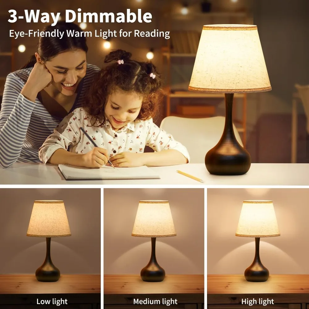 Touch Bedside Lamp for Bedroom, 3-Way Dimmable Farmhouse Table Lamps for Nightstand with Fabric Shade, Desk Lamp for Kids