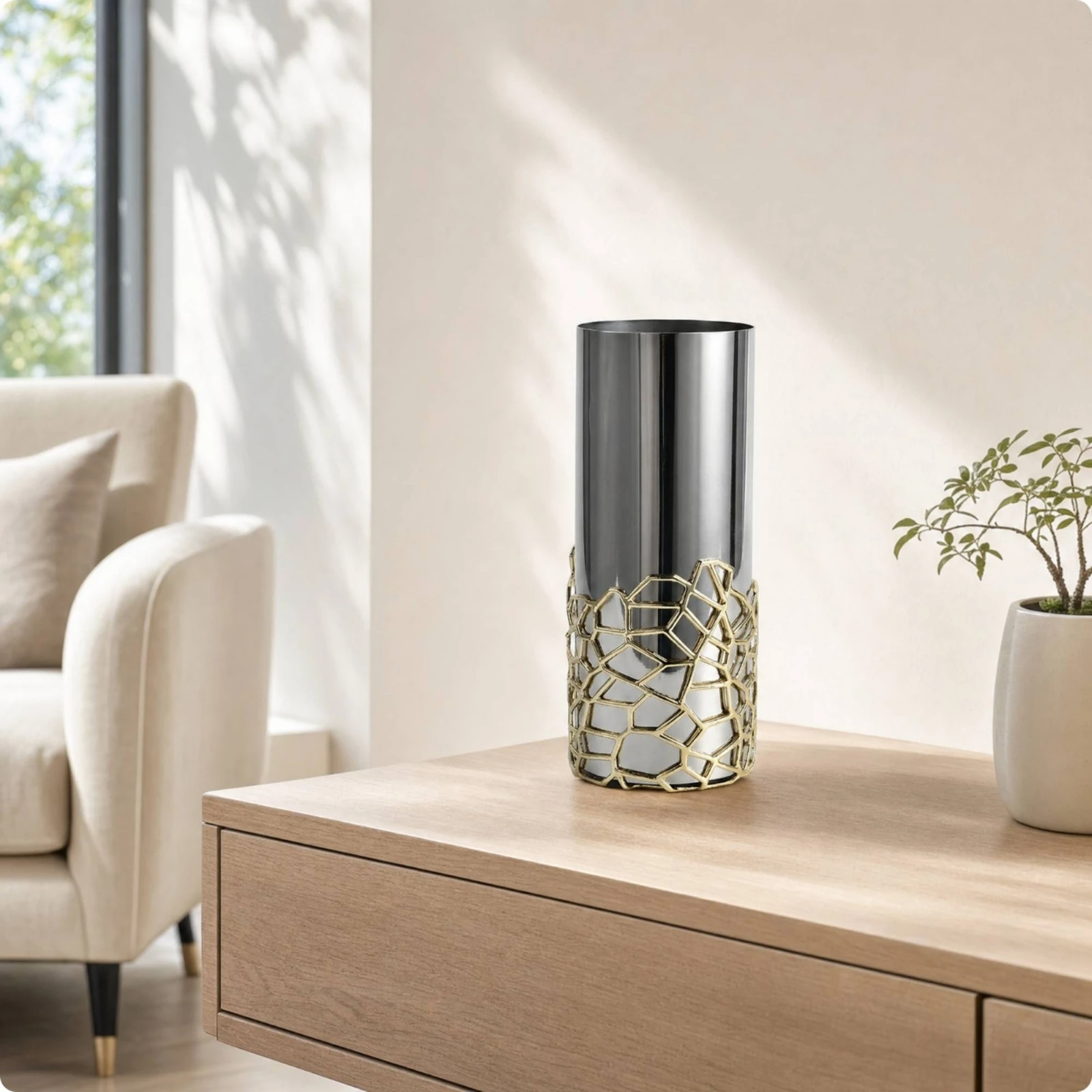 Cylindrical Vase Silver-Toned Metal Vase Geometric Modern for Living Room, Entryway