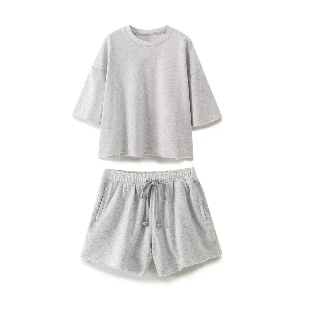 2024 Summer Women\'s Solid Grey Shorts Set Short Sleeve Pullover Shirt +Casual Loose Basic 2 Pieces Set Office Lady OOTD