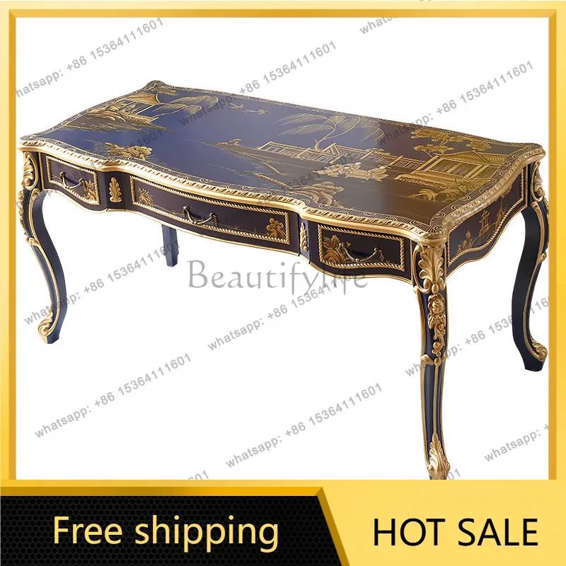 FG French Chinese style royal blue hand-painted solid wood rectangular dining table, desk, chair, writing desk