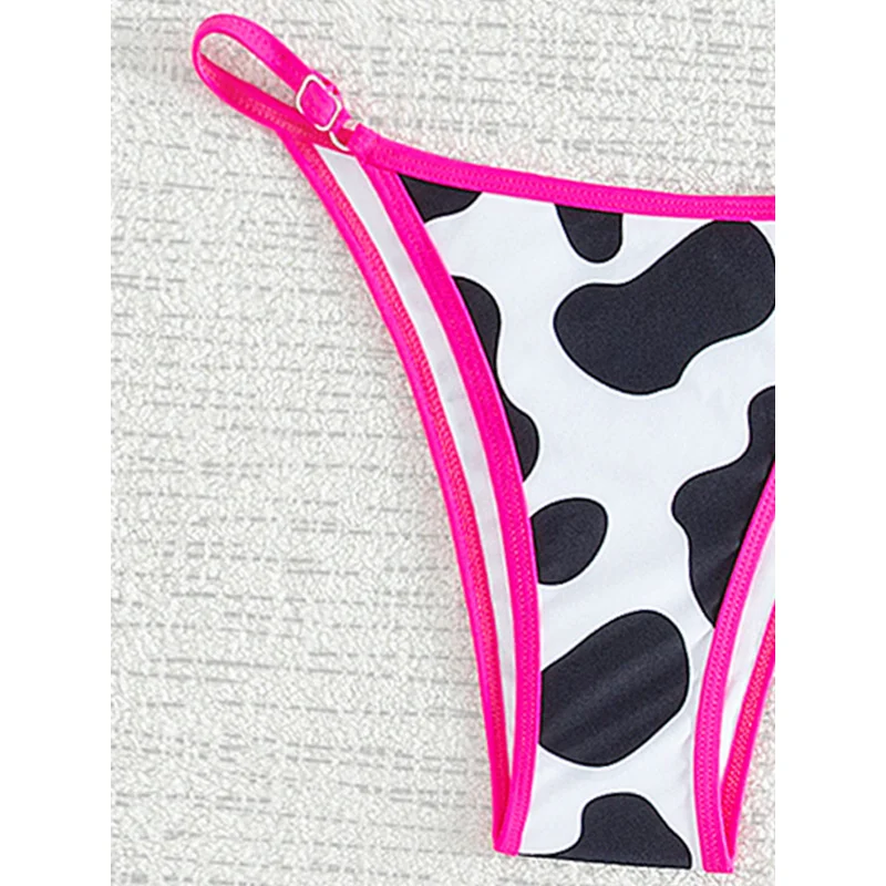 Damski strój kąpielowy dwuczęściowy bikini z wiązaniem na szyi, czarno-biały wzór krowy, seksowny mikro trójkąt z narzutką.