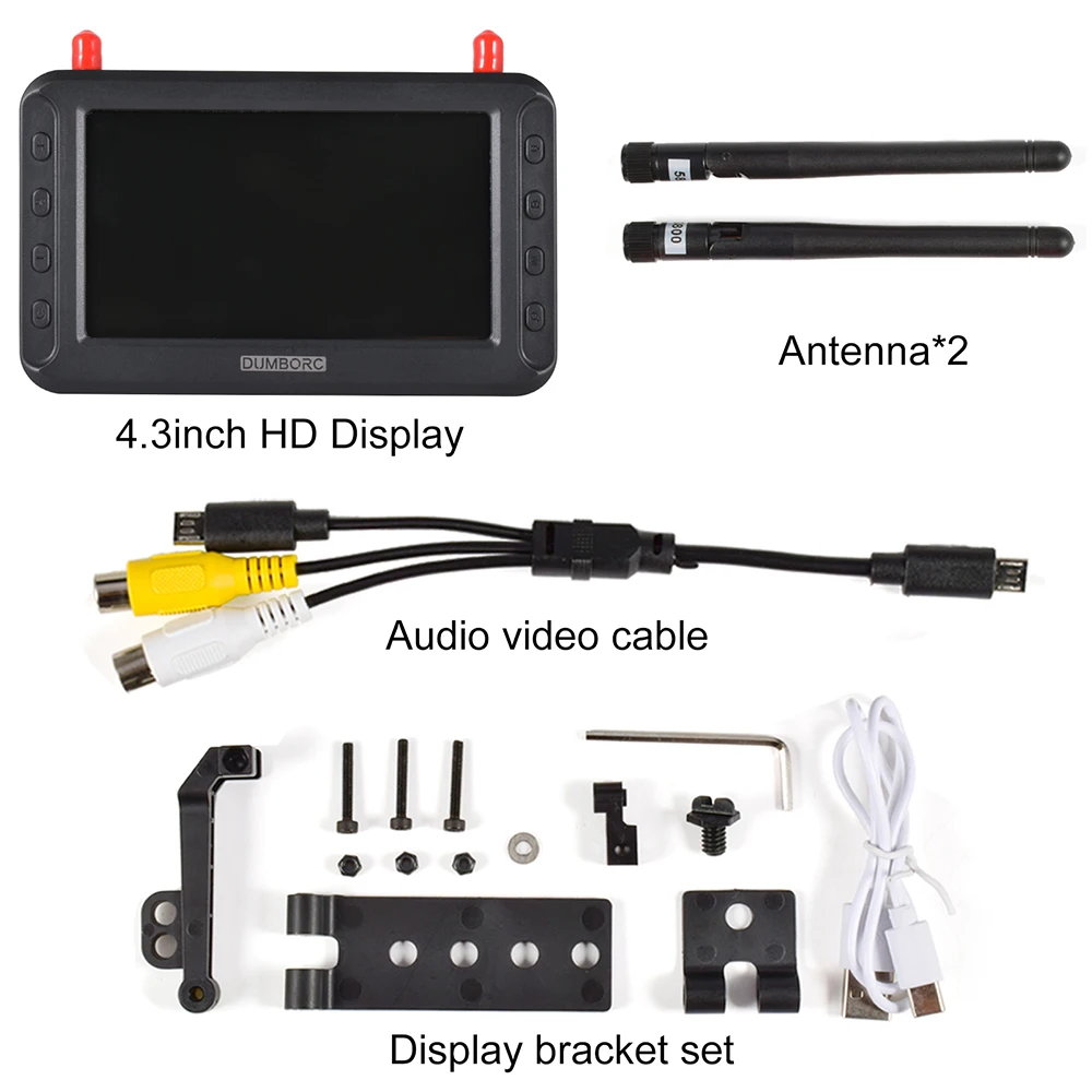 DUMBORC 4,3-calowy wyświetlacz FPV HD 5,8G Podwójna antena do transmisji obrazu dla RC Car Ship Drone