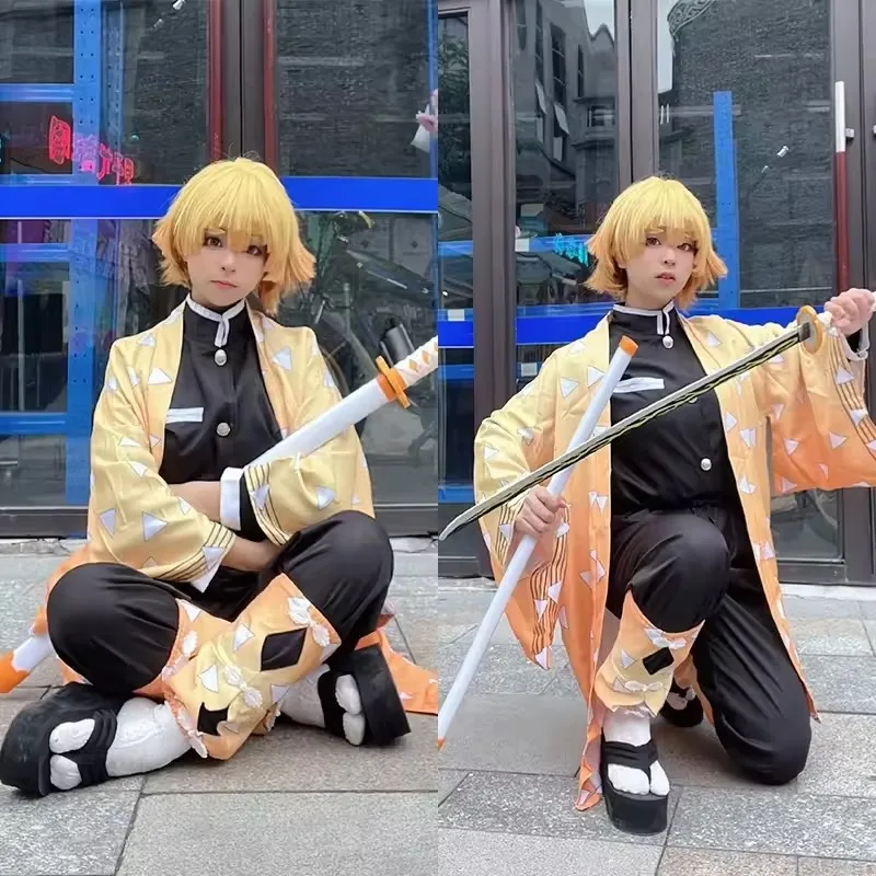 Anime Agatsuma Zenitsu Cosplay Costume perruque chaussures hommes Kimono jaune cape tenues - view 5