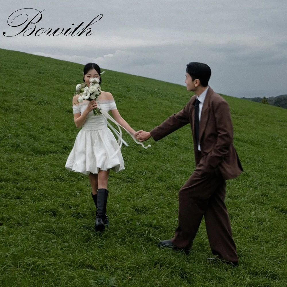 

Bowith Boat Neck A-line Short Wedding Party Dresses Korea Photo Shoot Dresses Customized Corset Mini Bridal Gown Above Knee